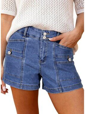 Women's Dark Blue High Waisted Stretchy Shorts Double Button Denim Jean Shorts